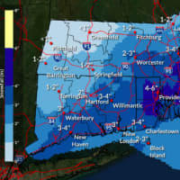 <p>Snowfall projections released on Sunday morning by the National Weather Service in Boston.</p>