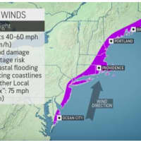<p>Areas where 40 to 60 mph wind gusts could cause power outages, are shown in purple.</p>