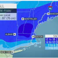 <p>A look at snowfall projections for the storm on Friday, Feb. 25, with areas in light blue expected to see 1 to 3 inches, areas in Columbia blue 3 to 6 inches, areas in blue 6 to 12 inches, and areas in Royal blue 12 to 18 inches.</p>