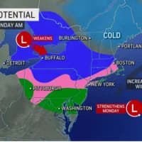 <p>A look at areas where a mix of rain and snow is possible (shown in pink) and areas where there could be intermittent snow (in blue).</p>