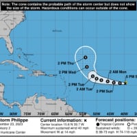 <p>A look at Tropical Storm Philippe&#x27;s projected path through Thursday, Sept. 28.</p>