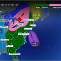 <p>A look at the massive storm that will bring heavy rain and thunderstorms (in areas shown in green), snow (shown in pink), and strong winds.</p>
