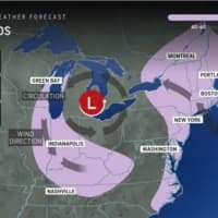 <p>A look at the broad areas where there will be damaging winds that could cause power outages Tuesday night, Jan. 9 into Wednesday, Jan. 10.</p>
