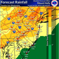 <p>Here's a forecast map of the rainfall across NJ and PA for Tuesday, Jan. 9 into Wednesday, Jan. 10.</p>
