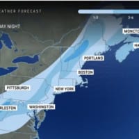 <p>A look at snowfall projections through Tuesday, Jan. 16, with several inches across much of the Northeast and higher amounts in the darker shades of blue.</p>