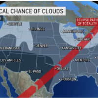 <p>A look at the projected path of totality of the eclipse on Monday, April 8, along with historical chances for cloud cover for that time of year.</p>