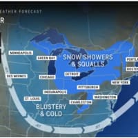 <p>Snow showers and squalls are possible at times in areas farthest inland after a cold front passes through to start the week.</p>