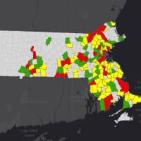 <p>Oct. 7 COVID-19 risk map, the colors denote risk. Red means there are 8 or more average daily positive tests per 100,000 residents; Yellow means there are between 4 and 8 new infections every day per 100,000 residents. Green means 4 or fewer.</p>