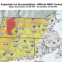 <p>Ice accumulation map for Feb. 15-16 by the National Weather Service 2021</p>