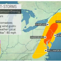<p>In some parts of the Northeast, wind gusts of up to 80 miles per hour are possible on Monday, May 16.</p>