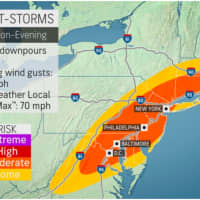 <p>A look at parts of the region where strong thunderstorms are expected Saturday.</p>
