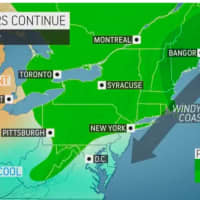 <p>Areas outside of eastern New England (shown in lighter green) will only see about a 20-percent chance for showers on Wednesday, Aug. 17, mainly in the afternoon, with steady rain possible in eastern New England (dark green).</p>