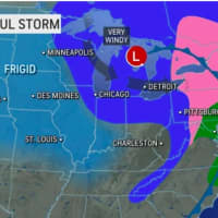<p>A look at areas expected to see rain (in green), rain mixed with snow (pink), and snow (blue) on Friday.</p>