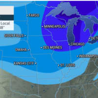 <p>Areas expected to see accumulating snowfall from the pre-Christmas storm: 1 to 3 inches (shown in the lightest blue), 3 to 6 inches (Columbia blue), 6 to 12 inches (blue), 12 to 24 inches (Royal blue), 24 to 36 inches (purple).</p>