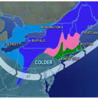 <p>A look at precipitation types expected on Friday, Jan. 6: rain (green), rain/snow (pink), flurries (light blue), and intermittent snow (blue).</p>