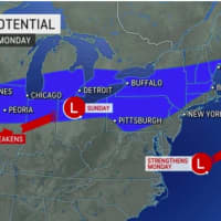 <p>Snow is possible at times from Saturday, Jan. 7 through Monday, Jan. 9 in the areas shown in blue.</p>