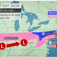<p>A wintry mix is most likely if precipitation pans out early Monday morning, Jan. 9, but an accumulation of a coating to an inch is also possible in the areas shown in blue.</p>