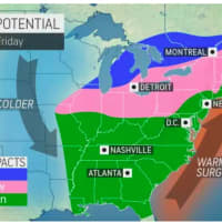 <p>Mainly rain (shown in green) is expected in much of the region with a wintry mix possible farther inland (pink) and snow in some parts of northern New York and New England (blue).</p>