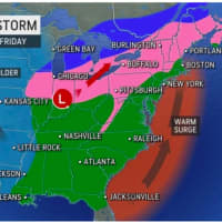 <p>Mainly rain (shown in green) is expected in much of the region with a wintry mix possible farther inland (pink) and snow in some parts of northern New York and New England (blue).</p>