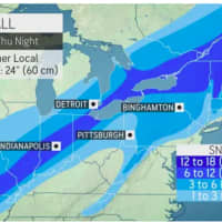 <p>Projected snowfall totals for the storm: 1 to 3 inches (sky blue), 3 to 6 inches (Columbia blue), 6 to 12 inches (blue), and 12 to 18 inches (royal blue),</p>