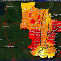 <p>Areas north of the I-84 corridor should see 8 inches or more of accumulation, with the highest amounts, including up to 18 inches, expected in the areas shown in the darkest red.</p>