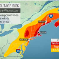 <p>Areas most at risk for power outages due to fallen trees/power lines, and gusty winds are shown in red.</p>