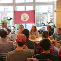 <p>From left, Lou D’Alessandro, of JD Farms, Doug DeCandia, Deb Taft, of Mobius Fields, Mike Fedison, of Purdy’s Farmer and the Fish, and Mimi Edelman, of I &amp; Me Farm engage in a panel discussion.</p>