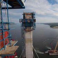 <p>One of the blue jump forms on a tower of the new Tappan Zee Bridge.</p>