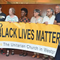 <p>The new Black Lives Matter banner at the Unitarian Church in Westport.</p>