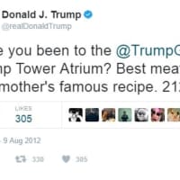 <p>A Tweet by Donald J. Trump in 2012 hails his mother&#x27;s meatloaf recipe.</p>