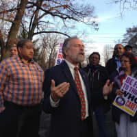 <p>Yonkers City Council member Michael Sabatino speaks at a gathering in Scarsdale recently protesting working conditions, wages, and issues of patient care at the Sprain Brook Manor Rehabilitation Center.</p>