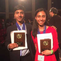 <p>Ardsley High School students and Westchester Science and Engineering Fair grand prize winners Vivek Hariharan and Kruti Sutaria.</p>