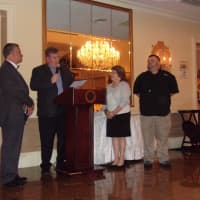 <p>L to R: Mayor Joe DeSalvo, Councilman Mark O’Connor, Christine Mager (wife of Walt Mager), John Mager (son of Walt Mager).</p>
