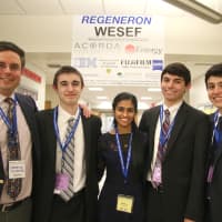 <p>Westlake Science and Engineering Fair students are shown with their teacher, Lawrence McIntyre, from left, Ryan Stasolla, Meenu Mundackal, Steven Brunetto and Peter Psaltakis.</p>