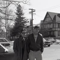 <p>Whitney Ransick (left) with friend Bob Gosse near Ransick&#x27;s former Port Chester home, circa 1985</p>