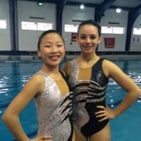<p>Isabel Rhee, left, and Abigail Recchia won first place in the 13 and over Duet in the NJ Association meet at Montclair State University and at the Region B Championship in Phoenixville, Pa.</p>