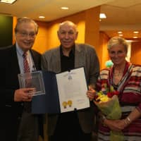 <p>Dr. Art De Simone, BVMI medical director, with Marsha and Dr. Charles Zolot, a Paramus eye doctor who sees many BVMI patients for free -- and his wife picks them up from the bus stop.</p>
