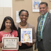 <p>Left to Right Grand Prize Winner Lila Patel, Lynda Hayes (Music Teacher), Frank Scarafile (Superintendent)</p>