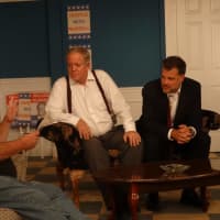 <p>Director John Atkin, left, talks with actors Rick Harrington (center) and Frank Speranzo at a rehearsal for &quot;The Best Man,&quot; which opens on Thursday at Curtain Call in Stamford.</p>