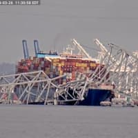 <p>A daytime view of the cargo ship that crashed into the Francis Scott Key Bridge in Baltimore on Tuesday, Mar. 26, 2024.</p>