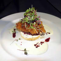 <p>Beet Tartare, Onion Goat Cheese Shortbread Cookie at Rutherford&#x27;s Café Matisse.</p>