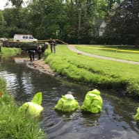 <p>Greenwich Police and State Police dive teams search for more materials and remains in Binney Park.</p>