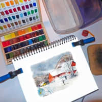 <p>Bob Callahan of Stamford sketches his work and then paints them with watercolors.</p>
