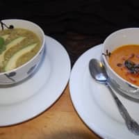 <p>Two of the soups served at the Black Cat Cafe in Irvington.</p>