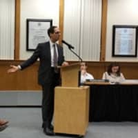 <p>Harry Leonardatos, principal of Clarkstown High School North, makes a presentation on the WISE program to the Clarkstown Board of Education on Thursday, Jan. 21.</p>