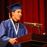 <p>Valedictorian Clifford Soloway delivers his speech at the commencement exercises for Walter S. Panas High School.</p>