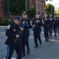 <p>The Danbury Police Honor Guard begins the ceremony for 9/11 on Friday evening in downtown Danbury. </p>