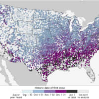 <p>This map from the National Weather Service shows when the first snowfall of the winter typically falls throughout the country.</p>