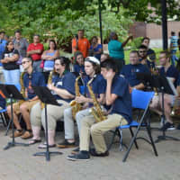 <p>The pep band, led by Paul Riley, play at the gates ceremony at Western Connecticut State University in Danbury. </p>