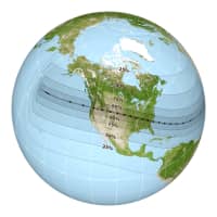 <p>This map shows the globe view of the path of totality for the Monday, Aug. 21 total solar eclipse.</p>